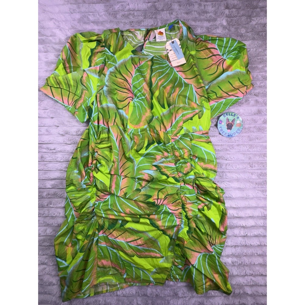 NWT FARM RIO 3XL Anthropologie Puff-Sleeve Mini Dress Lime Green Floral Ruffle - Picture 2 of 11